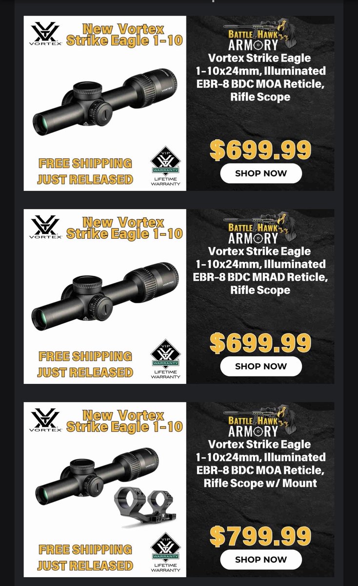 Pew_Deals's tweet image. The new @VortexOptics Strike Eagle 1-10x24 LPVO just launched! In stock with free shipping at @BattleHawkArmor

 alnk.to/cb6irE3

#vortexoptics #lpvo #tacticalgear