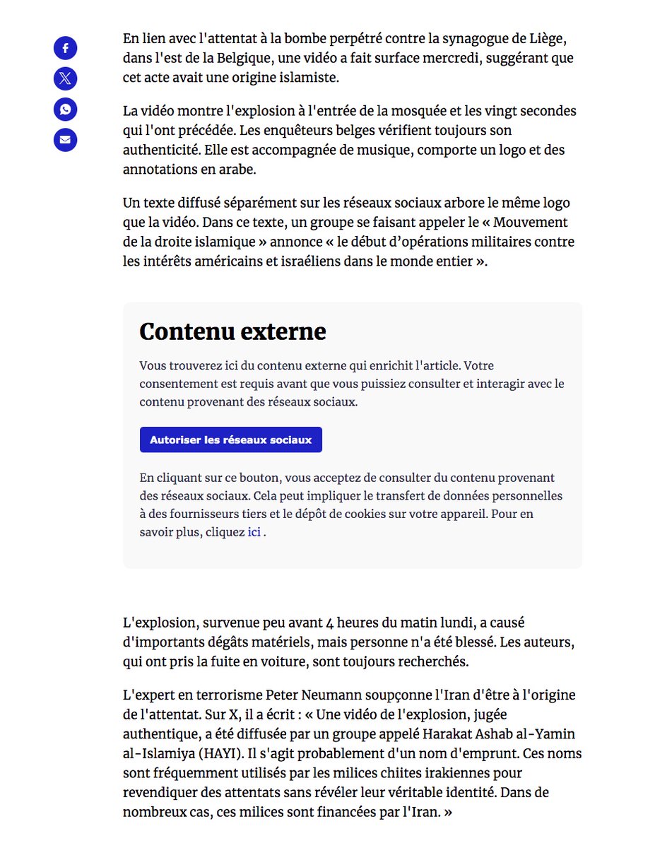 denisedetralala's tweet photo. L’attentat contre une synagogue à #Liège a été revendiqué par un groupe nommé Harakat Ashab al-Yamin al-Islamiya (#HAYI). Selon un expert, il pourrait s’agir d’un nom de façade utilisé par des milices chiites pro-iraniennes afin de revendiquer des attaques tout en maintenant une distance avec Téhéran.