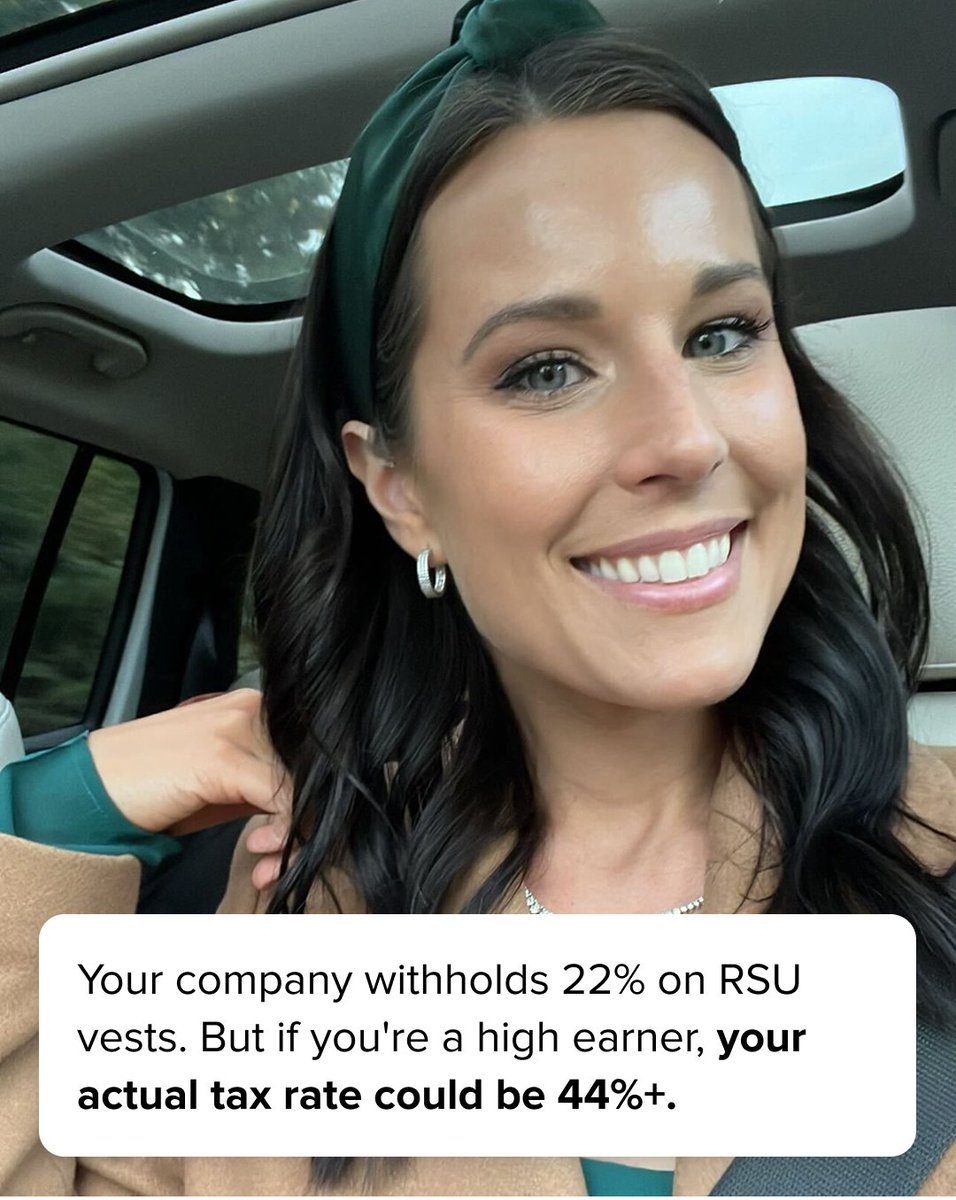 domainmoney's tweet photo. Your employer withholds 22% on RSU vests. Your actual tax rate as a high earner? Could be 44%+. That's a big gap and a bigger surprise come April. But it doesn't have to be if you have a CFP® professional in your corner. https://t.co/pdjgzh1nHi https://t.co/66Yj8POZJo