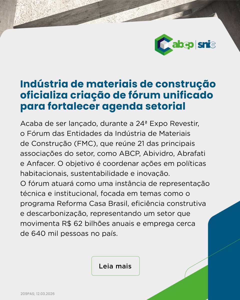 abcpportland's tweet image. A indústria de materiais de construção oficializou a criação do Fórum das Entidades da Indústria de Materiais de Construção (FMC), iniciativa que reúne 21 associações para fortalecer a representação institucional do setor.

Leia mais: abcp.org.br/criacao_fmc/

#ABCP #SNIC