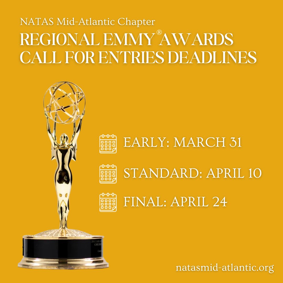 EmmyMidAtlantic's tweet photo. We are ONE WEEK AWAY from the regional Emmy® Award early bird entry deadline.

Don't delay: https://t.co/F5ddQ3RFIW https://t.co/jyAIAAB8xR