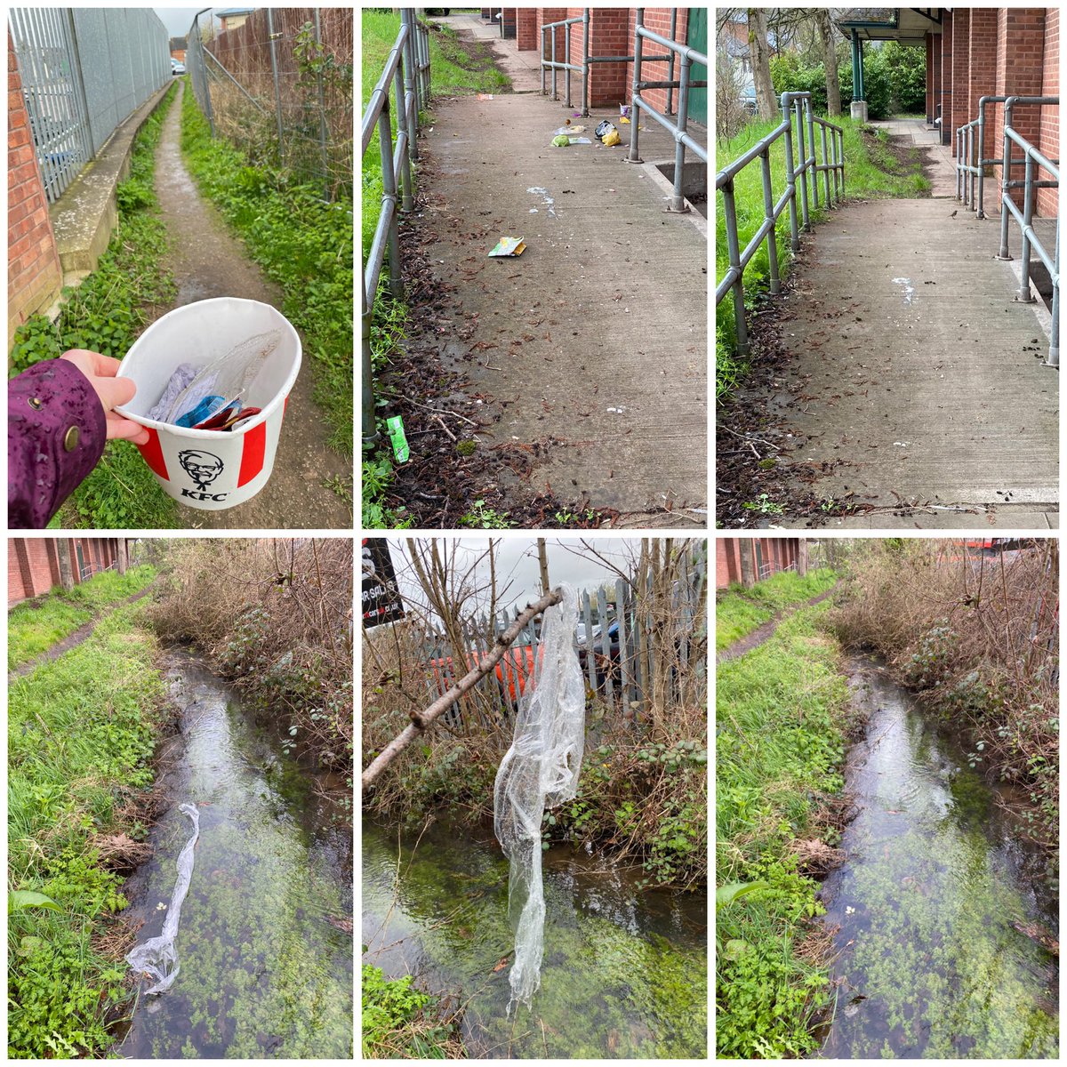 sabrown134's tweet photo. 12th March - not much #litter found on our morning #sniffari @pawsonplastic 🐾 then, always helpful to find a BOD (bucket of destiny) @KFC_UKI then sadly a lot of @Morrisons #FireExit litter 🙁 (before and after photos) then also saw this large piece of plastic in the brook ⬇️ https://t.co/T3DqizeFWD
