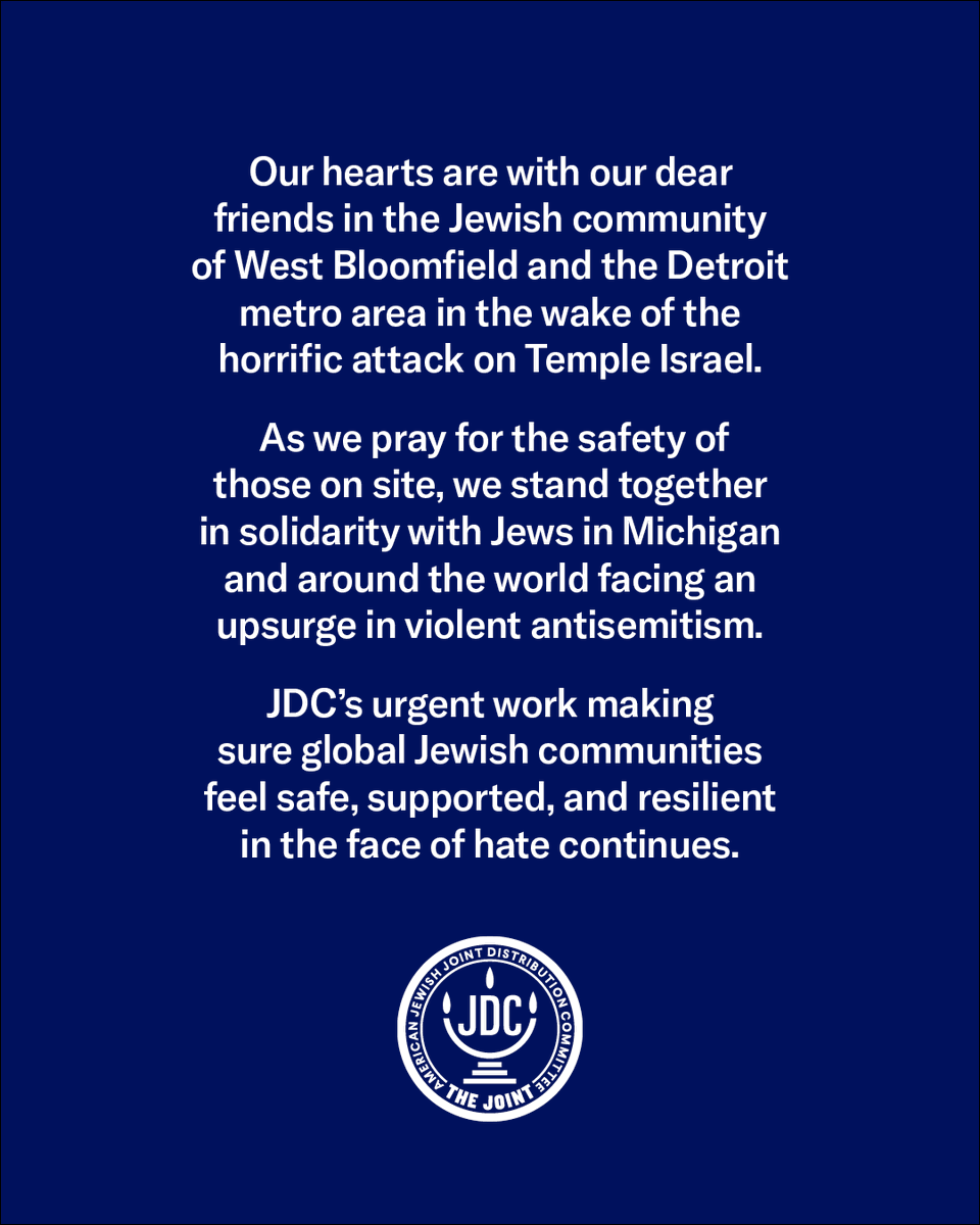 TheJDC's tweet photo. Our hearts are with our dear friends in the Jewish community of West Bloomfield and the Detroit metro area in the wake of the horrific attack on Temple Israel. https://t.co/pGRrKzdmNi