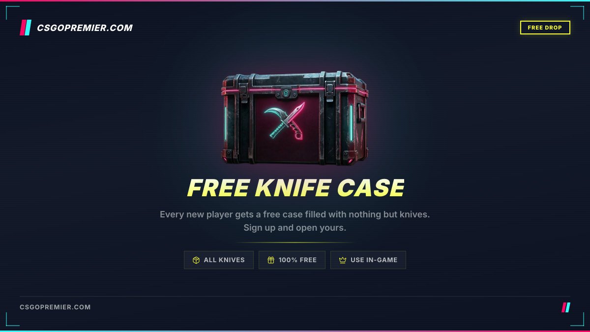 csgopremiercom's tweet photo. Need a knife to start your https://t.co/mBPLSnL5Ie inventory? We're giving every new player a free case filled with nothing but knives. Go open yours. #csgo #cs2 https://t.co/lpWlTuqD7o