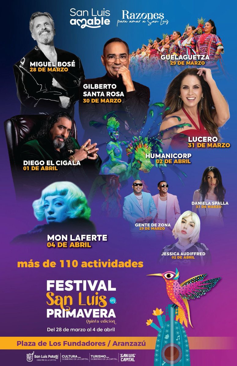 OSWALDORIOSM's tweet image. ¡Ya está el #LineUp del #FestivalSanLuisEnPrimavera!

El pop legendario de @boseofficial
El rey de la salsa @gilbertoSR
La maravillosa @monlaferte
El duende del flamenco @ElCigalaOficial
La máquina de éxitos del reaggaeton @GdZOficial
La novia de América @LuceroMexico 
La nueva y