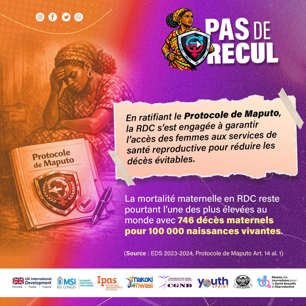 PIbalanshim's tweet photo. #PASDERECUL 
Protéger les acquis du protocole de Maputo Ratifié en RDC,c'est garantir l'accès des filles et femmes aux services de santé reproductive réduisant la mortalité maternelle dûe aux causes évitables.
#BatelaMwasi
@Presidence_RDC @rogerkamba
@SamuelMbemba4 @LukondeSama https://t.co/H3Rpii2CpA