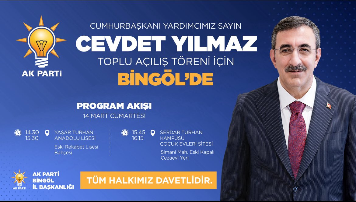 Cumhurbaşkanı Yardımcımız Sayın Dr. <a href="/_cevdetyilmaz/">Cevdet Yılmaz</a> İlim Yayma Vakfı Mütevelli Heyeti Başkanı Sayın Necmeddin Bilal Erdoğan ile birlikte açılış ve temel atma törenleri vesilesiyle ilimizi teşrif edeceklerdir. Tüm halkımız davetlidir.

<a href="/yilmaz_seven/">Av. Yılmaz SEVEN</a> <a href="/FeyziBerdibek1/">Feyzi Berdibek🇹🇷</a> <a href="/Korkutata_Zeki/">Zeki Korkutata</a>