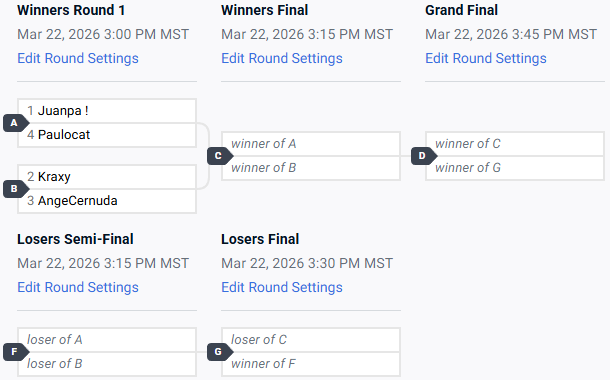 🏰 CASTLE N - N's ROOM - FEBRERO 🏰

DOMINGO 22 DE MARZO A LAS 4 p.m. 🇲🇽

Ronda 1 - A: <a href="/juanpa_sgm/">EPH|ML| Juanpa</a> vs <a href="/orrego_pau19198/">Paulo</a>
Ronda 1 - B: <a href="/KraxyMan01/">DM|Kraxy</a> vs <a href="/AngeloCern6285/">AngeCernuda</a>

STREAM: twitch.tv/repartidor_n