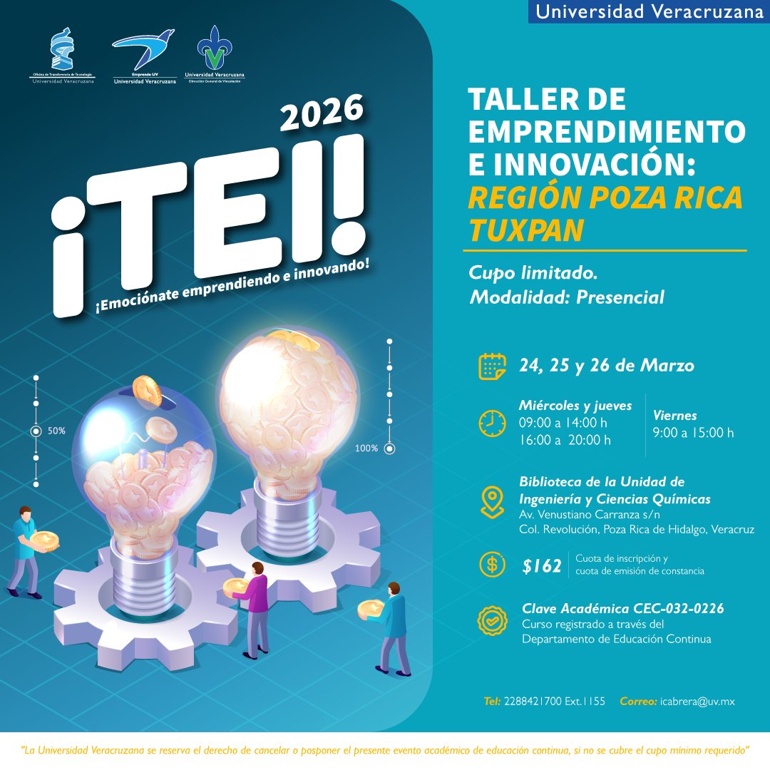 🚀 El Taller de Emprendimiento e Innovación de la #RegiónPozaRica te ayudará a focalizar ideas de emprendimiento y explorar tu creatividad. 🚀
📅 24 al 26 de marzo
🟢 Registro: academicos.uv.mx/miecuv
Buscar el TEI en el Área Académica Económica-Administrativa.