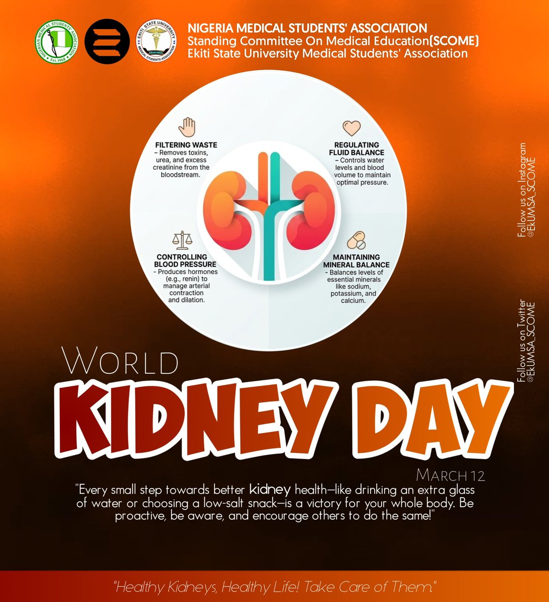 eksumsa_scome's tweet photo. 🩺 Today is World Kidney Day!
Your kidneys work 24/7 to filter waste and keep you healthy
show them some love. 💙
Stay hydrated, eat balanced, and get regular check-ups!
— EKSUMSA SCOME
#MedicalResearch
#EKSUMSA
#NiMSA https://t.co/PJdPSH9zcP