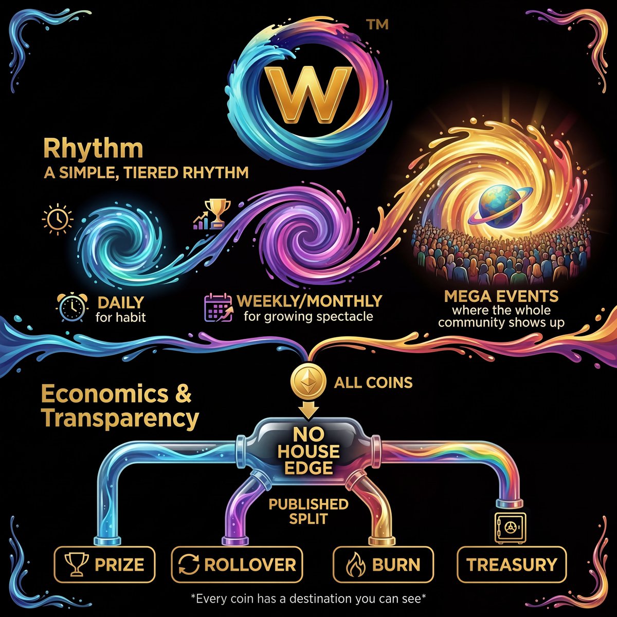 WaveChain_'s tweet photo. Wave Pools move in rhythm — daily habits, weekly and monthly excitement, and Mega events where the whole community shows up. No house edge, full transparency, and every coin has a purpose. 🌊

#WaveChain https://t.co/ouu1CS2Ya9