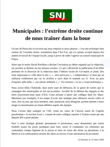 Rodolphp's tweet photo. Section SNJ du groupe Nice-Matin : "Municipales : l'extrême droite continue de nous traîner dans la boue " #NiceMatin #VarMatin @Xavier75 @Nice_Matin
@Var_Matin #Nice06 #presse #RN @Alliance_Presse
#politique #PQR #SNJ #Frejus #SNJ https://t.co/mvvptHNjEG
