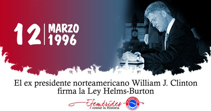 Aniversario 30  de la firma de la ley norteamericana Helms-Burton que  recrudeció el bloqueo y amplió su carácter extraterritorial. 
#TumbaElBloqueo #CubaViveEnSuHistoria