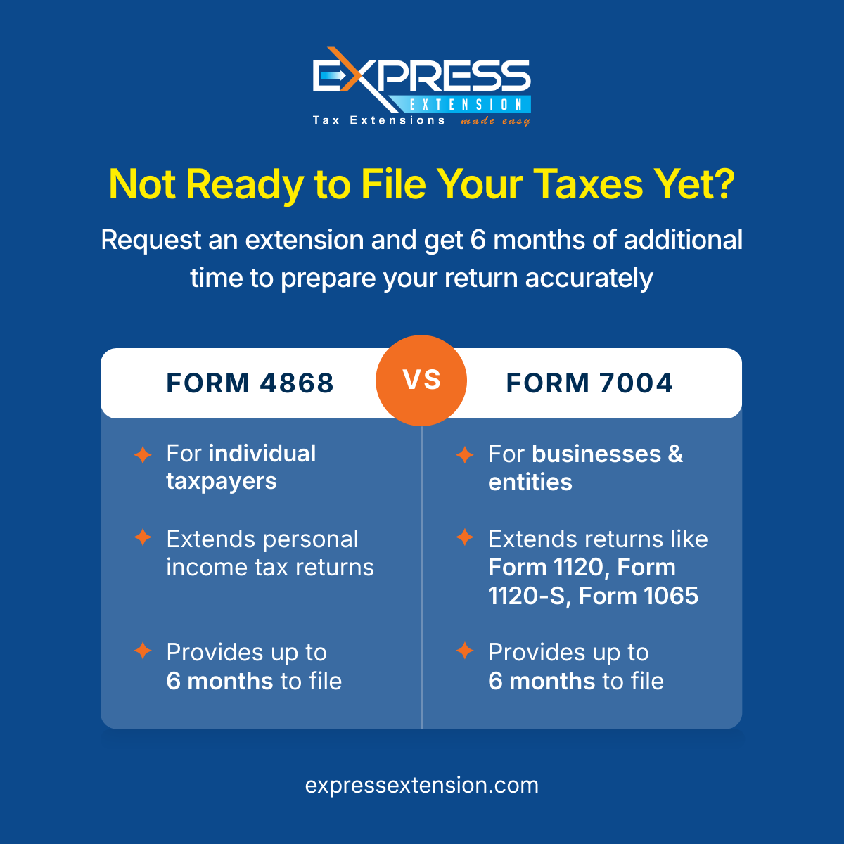 IRSTaxExtension's tweet photo. Still preparing your income tax returns?If you need more time, you can request an #extension using: 

• Form 7004 for business tax returns 
• Form 4868 for individual tax returns

Filing an extension gives you additional time to prepare your return accurately and avoid unnecessary filing stress. With ExpressExtension, the process is simple—just enter your details, submit your form, and transmit it securely to the IRS.

File your extension now with ExpressExtension!

#Form7004 #Form4868 #IRS