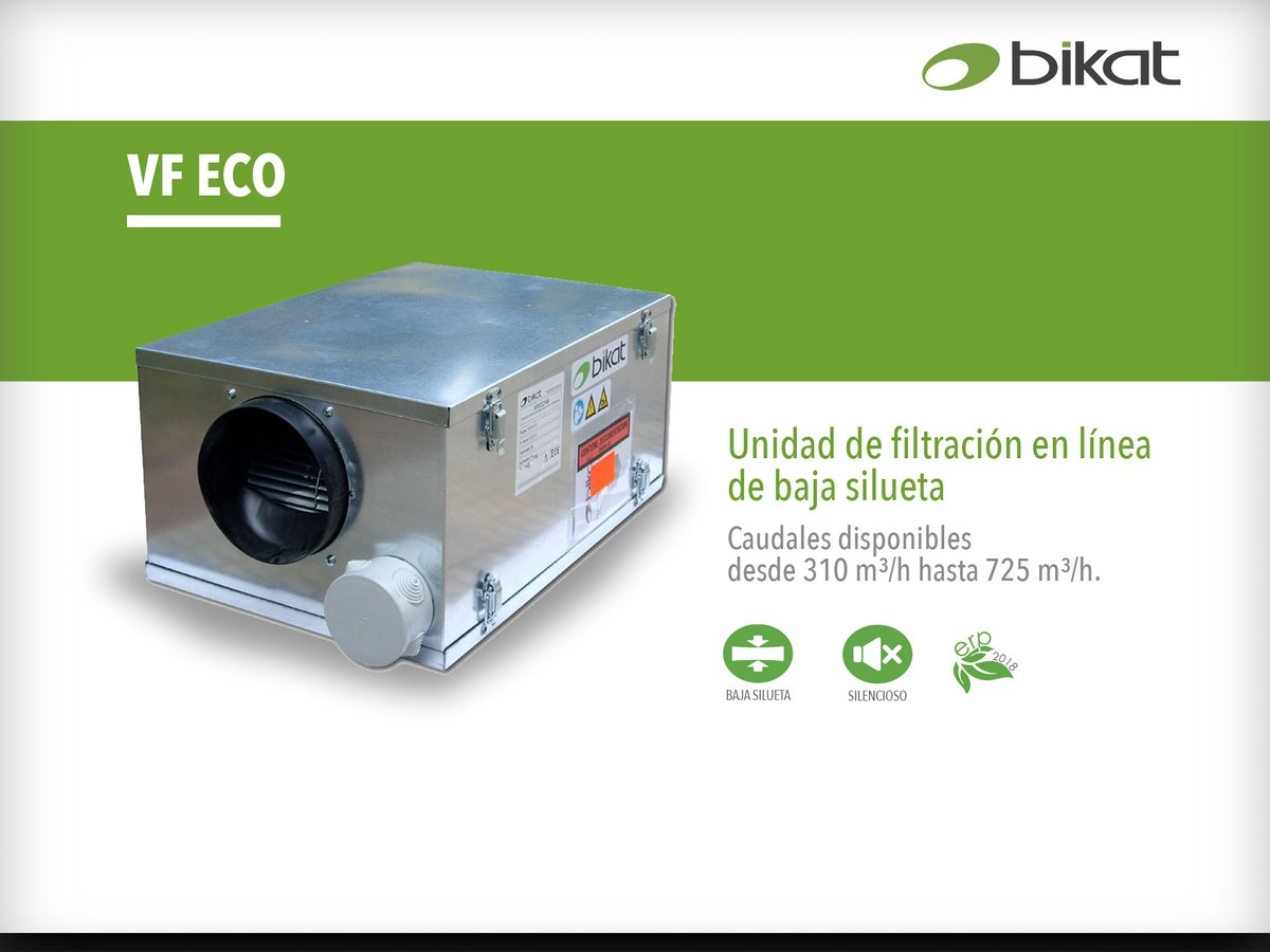 Bikat_SL's tweet photo. Si buscas una aliada 🤝 compacta para la #filtración del aire, aquí tienes nuestra 🟢 VF ECO, para un espacio libre de partículas 🦠.

✔️ Ventilador con motor de rotor externo ultrasilencioso
✔️ Aislamiento termo acústico 25 mm
✔️ Caudal de 310 a 725 m³/h

Más aire limpio 💨. https://t.co/fZ6RBlDuOl