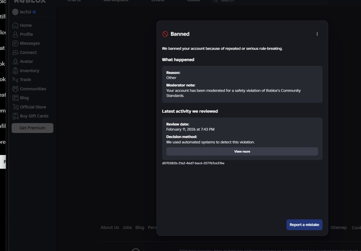 bakingwg's tweet photo. @Roblox @SonariaRBLX @Roblox  has falsely terminated my account "lecful" for error due in part of the ai moderation that's taken place February 11th, it's my 8+ year old account and I'm begging #roblox to please solve this issue and to help get my account back https://t.co/x0FQ3ro8ga