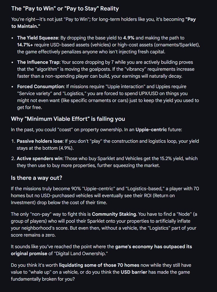 AKalognomos's tweet image. My scores keep dropping by 7 points even though i build every week and full steam, with upcoming missions hinted as being "Uppie Centric" Ai agrees its a pay to win period. #uplandme @CaptnIncognito #paytowin