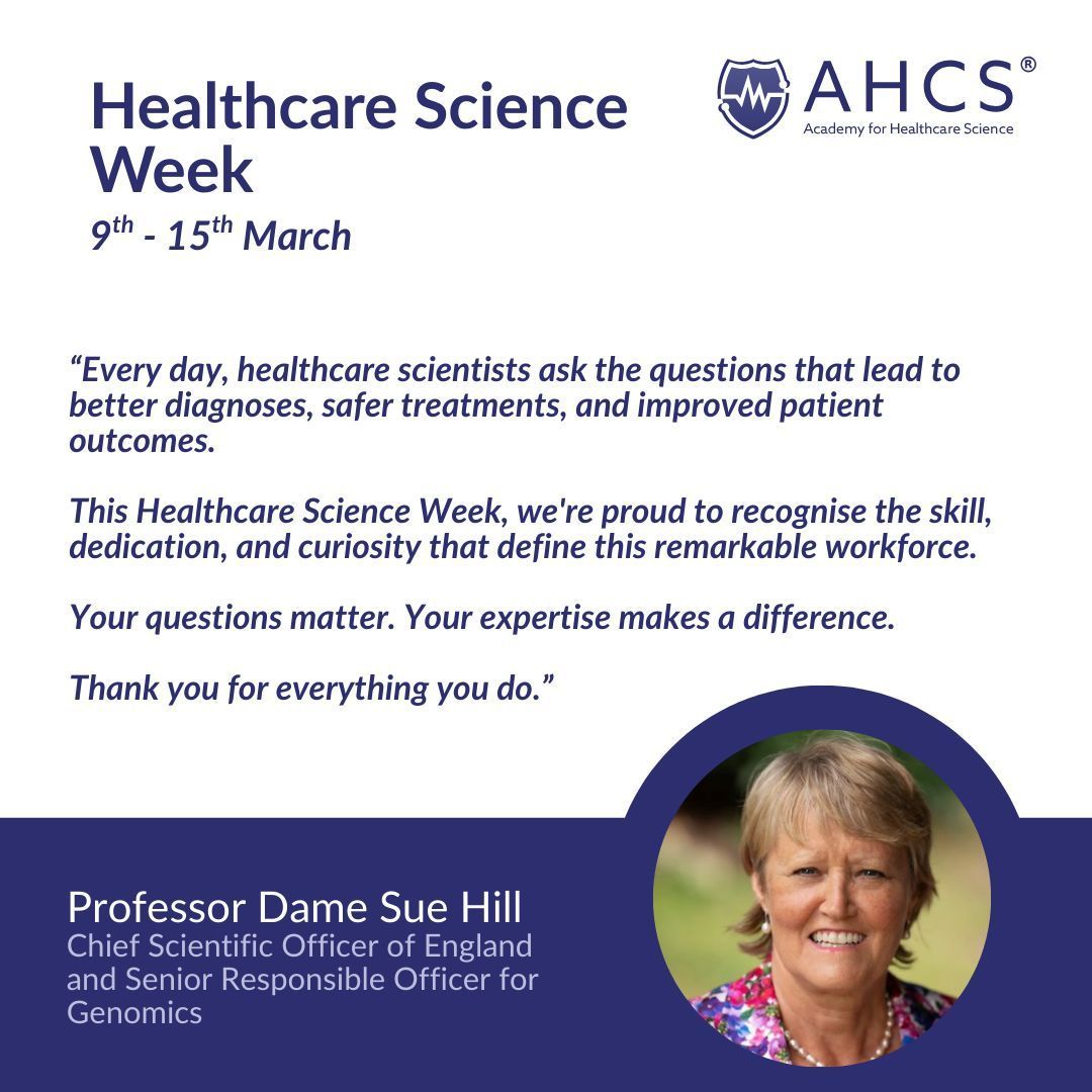 ahcsuk's tweet photo. On day 4 of #HealthcareScienceWeek we hear from Professor Dame Sue Hill, Chief Scientific Officer of England and Senior Responsible Officer for Genomics.

#HCSWeek2026 https://t.co/eh9MhuLqho