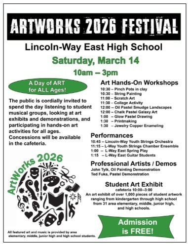 Looking for a fun, family event this weekend?  Head out to Lincoln-Way's Artworks Festival!  The day is full of performances, workshops, demonstrations, and an art exhibit featuring some of our students' art pieces!
