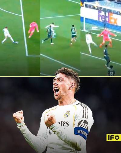 mathiTorino's tweet photo. Primer Hat-trick de @fedeevalverde 
Primer ⚽️, control orientado, eludió al golero
Segundo ⚽️, marca el pase en diagonal, control con derecha y remate cruzado 
Tercer ⚽️, cuando Brahim queda de frente al arco, Fede le marca el pase, sombrero y volea al gol 
⚽️⚽️⚽️
#realmadrid https://t.co/dc8b4ZvGy4
