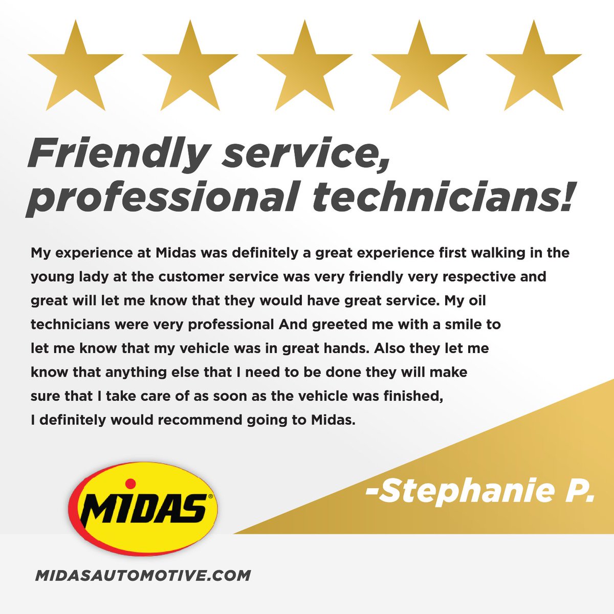 Our Customers Say It Best ⭐

Thanks to the customer featured for the 5-star feedback! We are here to provide that same trusted service to you.

Visit Midas: midasautomotive.com

#MidasReview #FiveStars