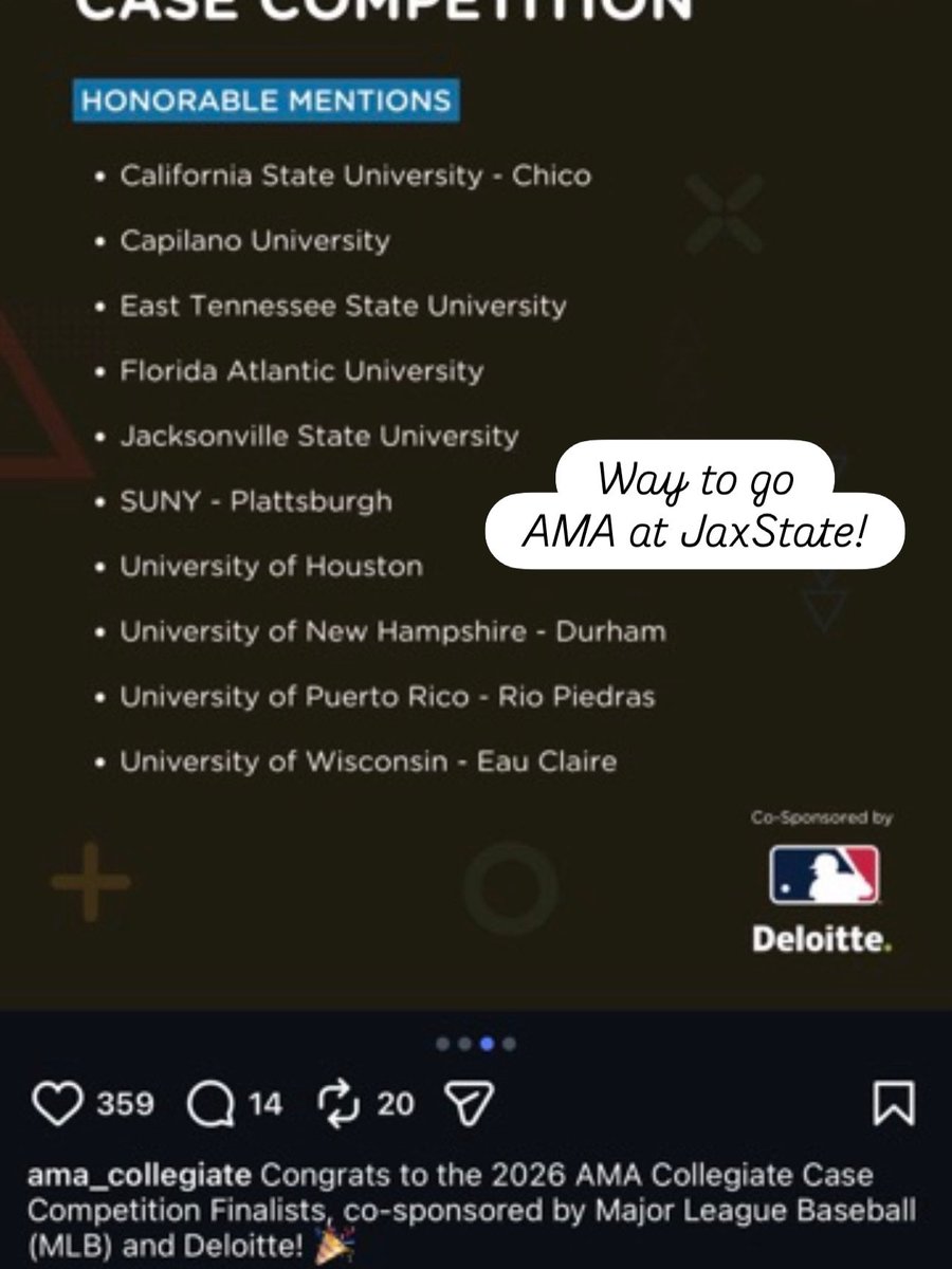 msciuch's tweet photo. Congratulations to @amaatjsu  for Honorable mention in the #amaicc  case competitions to be listed 16 out of more than 70 is amazing!! @AMABirmingham 
@JSU https://t.co/tgX6CB5l9m