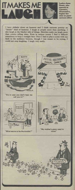 FromtheArchive's tweet photo. TV TIMES THURSDAY: From the week of 02.03.74, Lesley-Ann Down who was in UPSTAIRS DOWNSTAIRS starts her stint as Cartoon Editor in the "It Makes Me Laugh" series. #TVTimes #LesleyAnneDown #UpstairsDownstairs #LWT #ItMakesMeLaugh https://t.co/At55QWu5H4