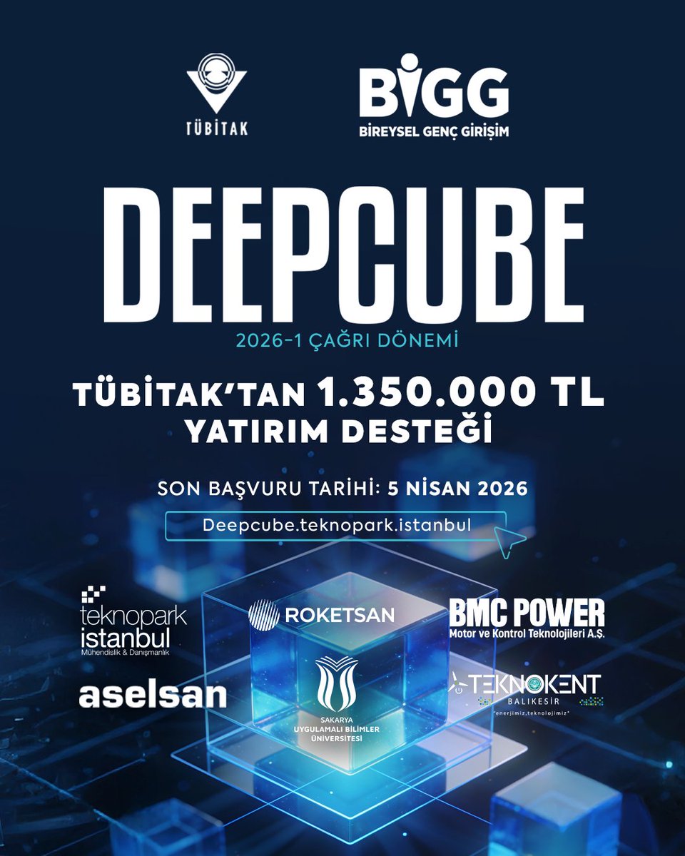 SubuOfficiall's tweet photo. Konsorsiyum ortağı olduğumuz DEEPCUBE Programı’nın 2026-1 çağrı dönemi için  başvuruları başladı!🚀

@teknopark_ist’in uygulayıcı kuruluş olarak yer aldığı ve bugüne kadar 85 girişimin hibe/yatırım desteği aldığı program; teknoloji ve yenilik odaklı iş fikirlerine TÜBİTAK 1812 BİGG Teknogirişim Sermayesi Desteği kapsamında yatırım imkânı sunuyor.

Program kapsamında girişimcilere sunulan destekler:

Ücretsiz açık ofis
Ücretsiz şirket kuruluş desteği
Ücretsiz KEP ve E-İmza tahsisi
Proje yazımı atölye çalışmaları
Teknik eğitimler
Teknik ve dikey mentorluk
Akademik mentorluk
Elektronik ve montaj atölyelerine erişim imkânı
Islak/kuru laboratuvar kullanımına erişim imkânı
Temiz oda kullanımına erişim imkânı
Teknopark İstanbul Çağla Yatırım Fonu tarafından değerlendirilme imkânı
Eş yatırım olarak değerlendirilme imkânı
Demo Day
Savunma ve malzeme alanında iş fikrine sahipsen, DEEPCUBE ile fikrini yatırıma dönüştür!

🔗Programa Kayıt için: https://t.co/lYcD2Cryr0