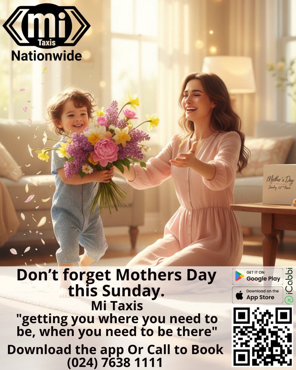Don’t forget Mother's Day on Sunday!
Download the Mi Taxis app today: icab.bi/mitaxis
#thinklocalfirst #nuneatonbusiness 
#nuneatonandbedworth #iCabbi 
 #nuneaton #mothersday #taxiservice #SafeJourney #BookYourRide #localtaxis #RideInStyle #HassleFreeTravel
