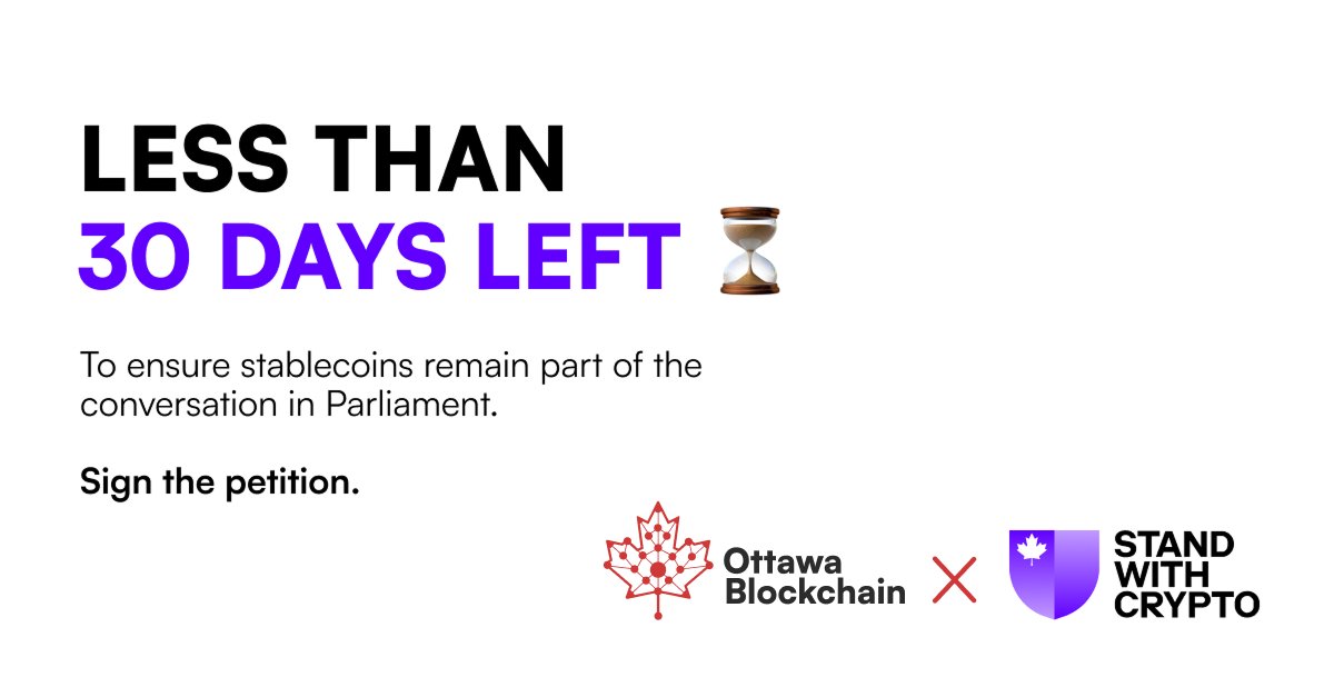 ottawabchain's tweet photo. Canada’s crypto community, this is the moment.

The stablecoin petition from
@StandWCrypto_CA
is nearing 10,000 signatures and closes March 24.

This helps ensure stablecoins are considered as Canada develops its crypto regulatory framework.

Sign here: https://t.co/LKuGVHvKH5 https://t.co/mYAVrGIC7p