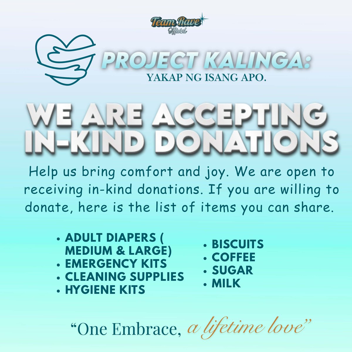 TRO_PKALINGA's tweet photo. Kindness is better when shared. 🩵

We are currently accepting in-kind donations for our upcoming charity event.

If you’d like to donate, please reply to this post or send us a DM.

Thank you for helping us spread care and love. 🩵

#RaveVictoria
#ProjectKALINGA #YakapNgIsangApo https://t.co/spkzP6c0E3