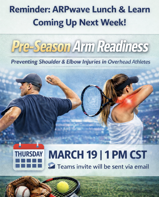 arpwave's tweet photo. Reminder 🚨 Our March Lunch &amp; Learn is next week!

Contact us to be added to the invite list!

Pre-Season Arm Readiness: Preventing Shoulder &amp; Elbow Injuries in Overhead Athletes
🗓 March 19
🕐 1 PM CST
📩 Teams invite sent via email. https://t.co/EZ2IEcUEVf