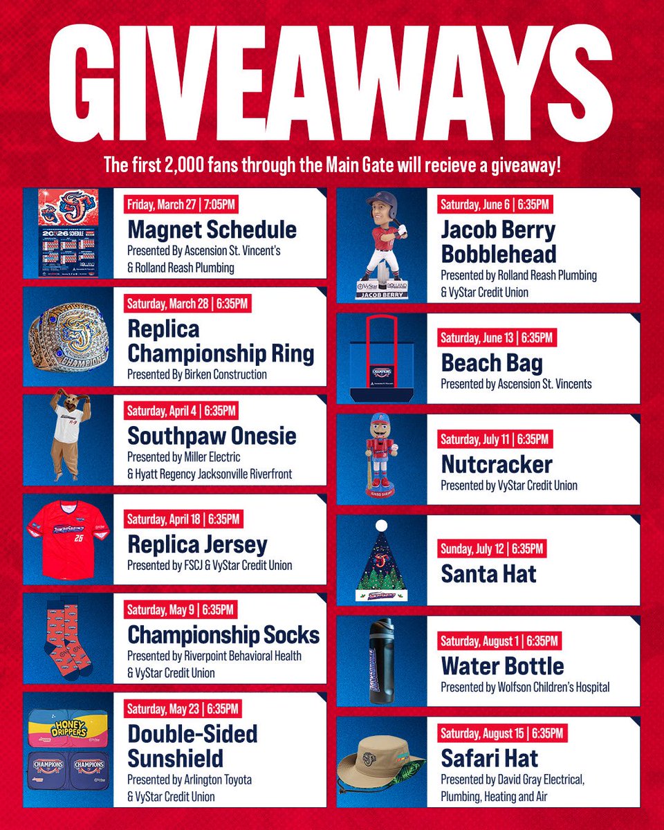 JaxShrimp's tweet photo. Single game tickets to all 75 home games are ON SALE NOW! Get tix at https://t.co/UNjzHd9TK5
🎆🐶👕
Which promotion(s) are YOU looking forward to the most?
#ShrimplyTheBest #CrustaceanNation #JaxShrimp https://t.co/LzDP2Ik8b9