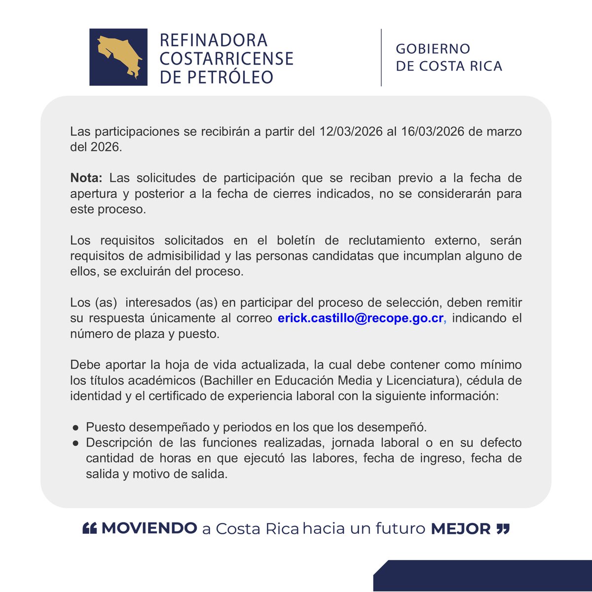 👷🏻‍♀️👷🏿👷🏾‍♂️👷🏾‍♀️ ¡Unite al equipo de Recope! Si tu área de especialidad es la Ingeniería Eléctrica o Electromecánica, esta oferta laboral es para vos.
¿Cómo aplicar? Si cumplís con los requisitos y estás list@ para un nuevo reto, seguí los pasos descritos en las imágenes.
#Recope