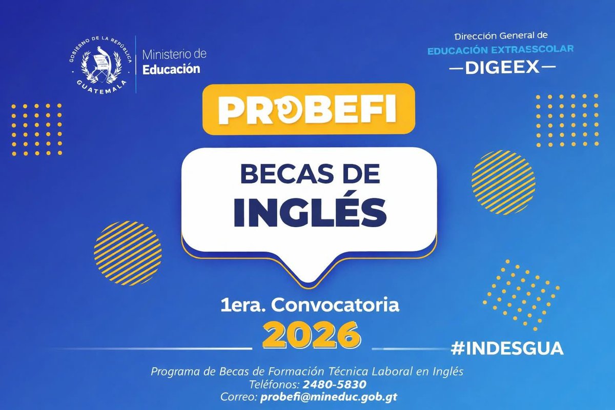 🇬🇹 ¡Atención guatemaltecos!
El <a href="/MineducGT/">Mineduc Guatemala</a>, a través de DIGEEX, abrió la 1era convocatoria del Programa de Becas de Formación Técnica Laboral en Inglés (PROFEBI).
📚 Aprenda inglés
💻 Modalidad flexible
💰 ¡Totalmente GRATIS!
🔎 Más información:
indesgua.org.gt/becas-profebi-…
#INDESGUA