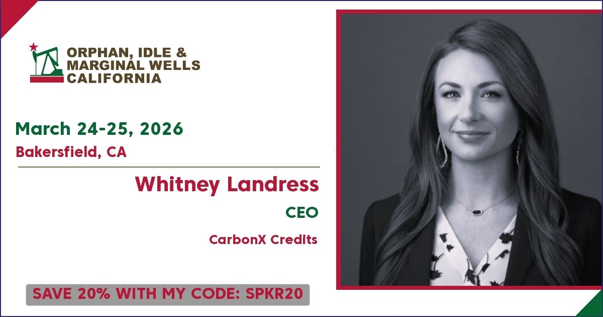 CarbonXCredits's tweet photo. Our CEO, Whitney Landress will be speaking at #OIWCALI2026 this March in Bakersfield.

We’ll talk methane, measurement, permanence—and why not all “carbon solutions” deserve a gold star.

20% off with SPKR20
https://t.co/fofmkrH7Av https://t.co/fIJmuwPaDB