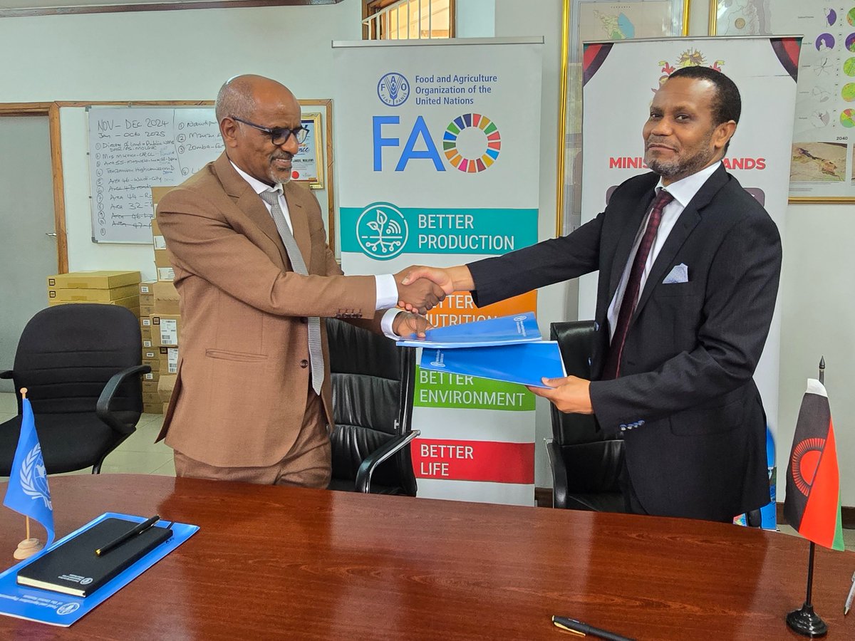 FAOMalawi's tweet photo. FAO &amp; the Ministry of Lands today signed a Technical Cooperation Programme to facilitate finalization of land registration in Kasungu district. During the signing, @FAOMalawi Rep, Ali Said Yesuf handed over IT equipment to the Ministry to support the land registration process. https://t.co/NrQaVYGJ7O