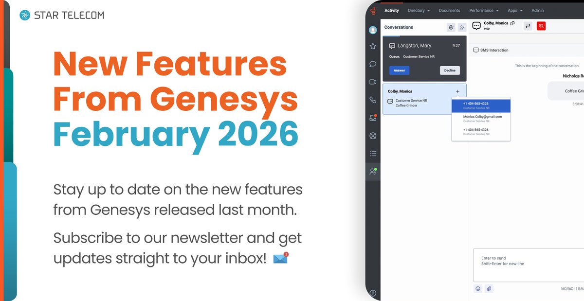 startelecom's tweet photo. Discover what's new from Genesys! We have listed the new features from February here 👉 https://t.co/NyJp1z9js4

#Genesys #GenesysCloudCX #CCaaS #CX #EX #AI #AgenticAI https://t.co/SEVy79lwdS