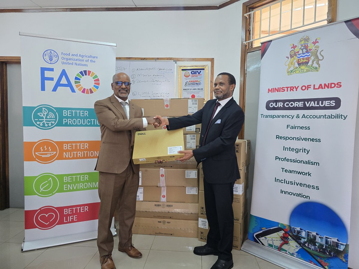 FAOMalawi's tweet photo. FAO &amp; the Ministry of Lands today signed a Technical Cooperation Programme to facilitate finalization of land registration in Kasungu district. During the signing, @FAOMalawi Rep, Ali Said Yesuf handed over IT equipment to the Ministry to support the land registration process. https://t.co/NrQaVYGJ7O