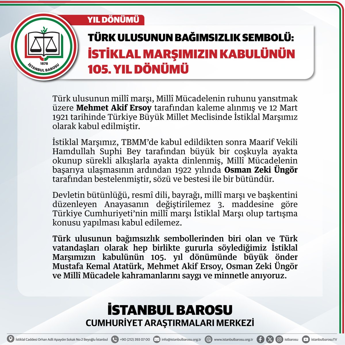 istbarosucumer's tweet photo. TÜRK ULUSUNUN BAĞIMSIZLIK SEMBOLÜ:
İSTİKLAL MARŞIMIZIN KABULÜNÜN 105. YIL DÖNÜMÜ https://t.co/9ui3x0U8fl
