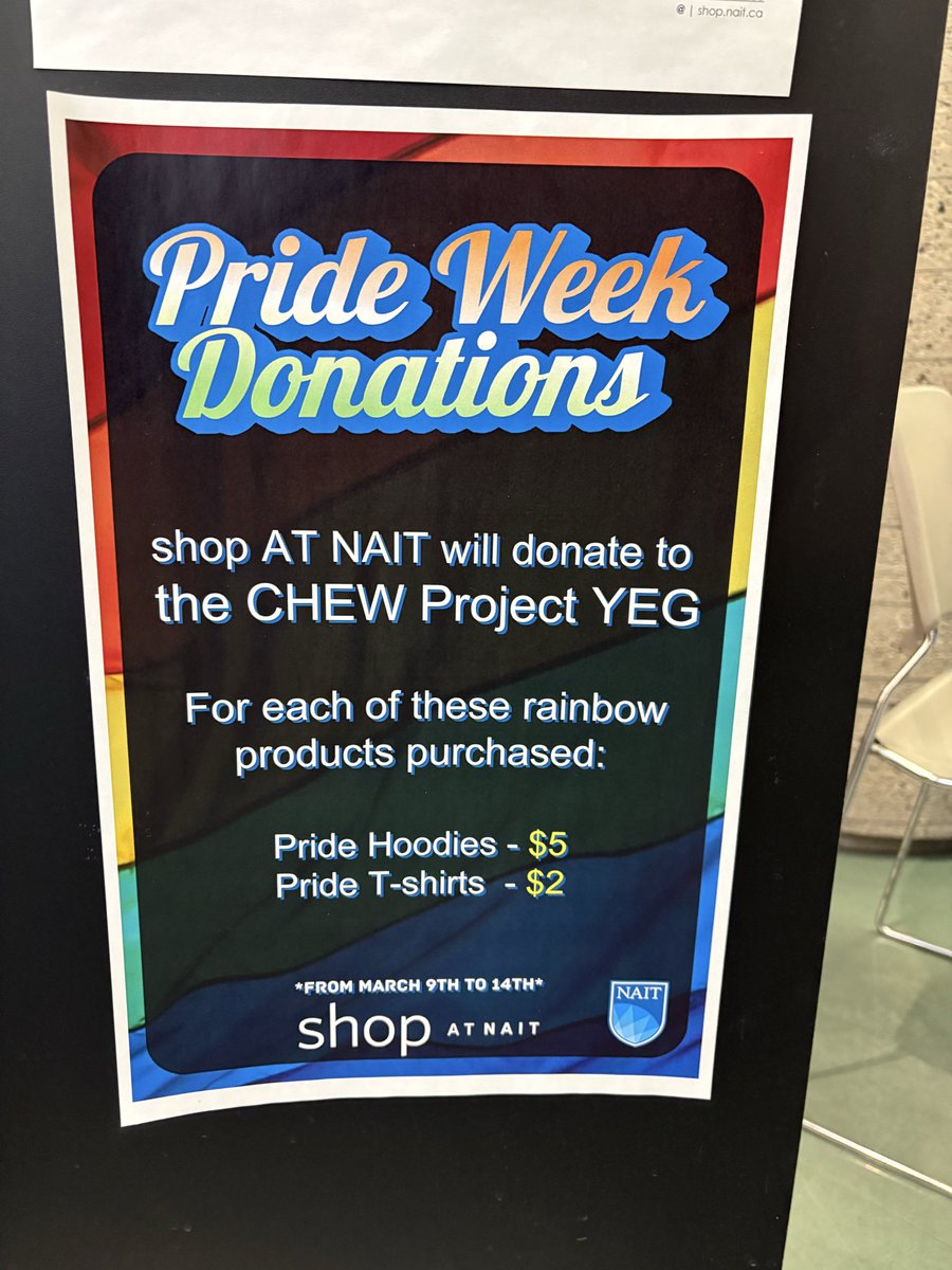 NAIT2ndEdition's tweet photo. Time is running out to pick up some Shop at NAIT Pride Week clothing! Every t-shirt and hoodie sold is a donation made to @chewprojectyeg, so you know that you’re supporting a good cause in style! https://t.co/6DqVh1QsWh