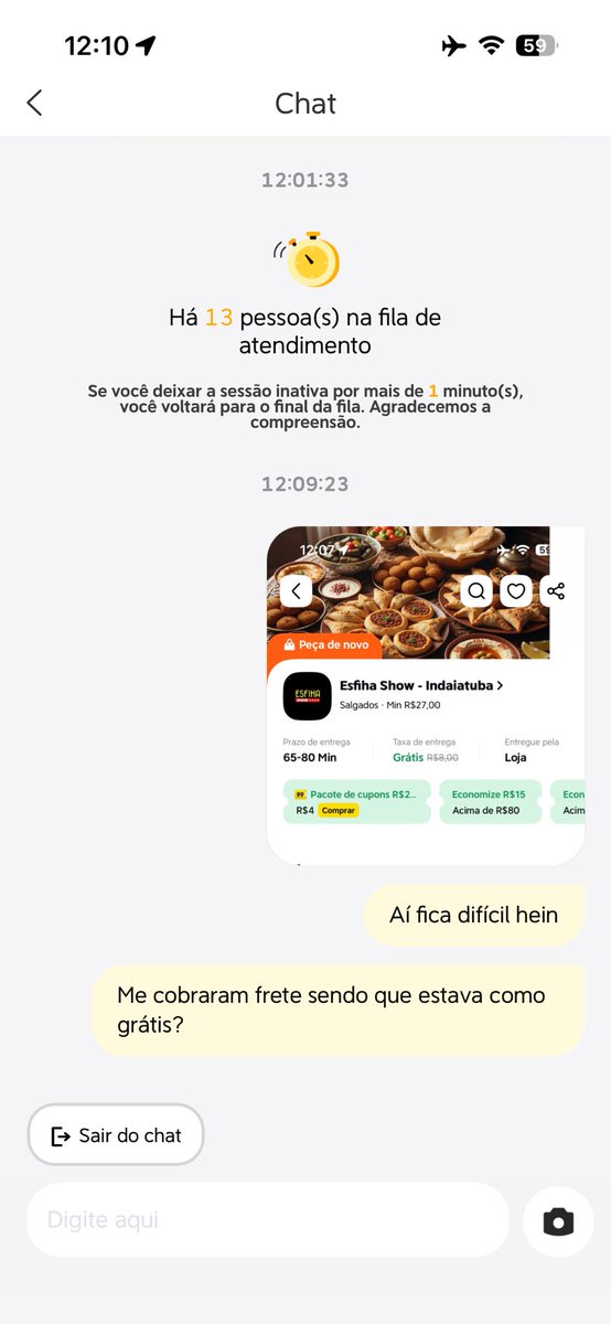 andregiacomeli's tweet photo. Lembrem-se dessa imagem quando precisar do suporte do @99food pq o atendimento é o pior que já vi na vida, vou engolir essa, mas não compro mais.

#99food https://t.co/UsPGI9Xop4