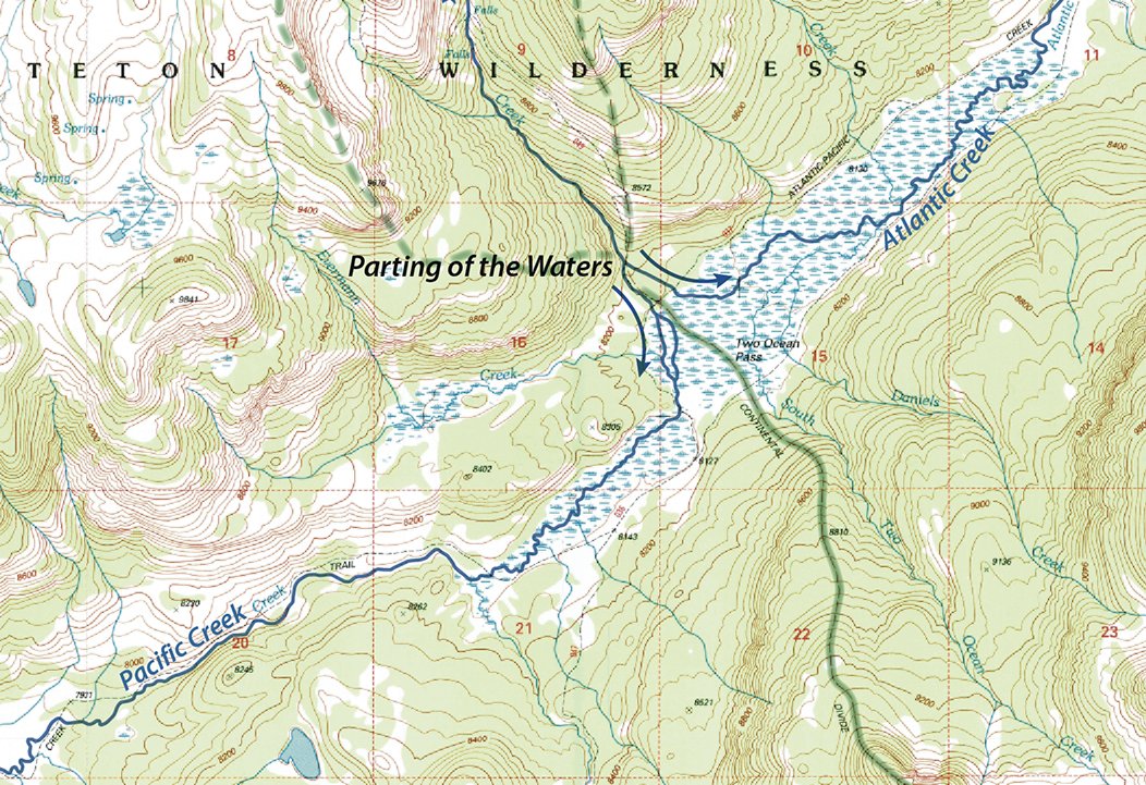 theiaincameron's tweet photo. In the marshy area of Two Ocean Pass adjacent to Parting of the Waters (the official name of the feature), water actually covers the Continental Divide such that a fish could swim from the Pacific Ocean to the Atlantic Ocean drainages. 

5/n https://t.co/UMleMhz3Px