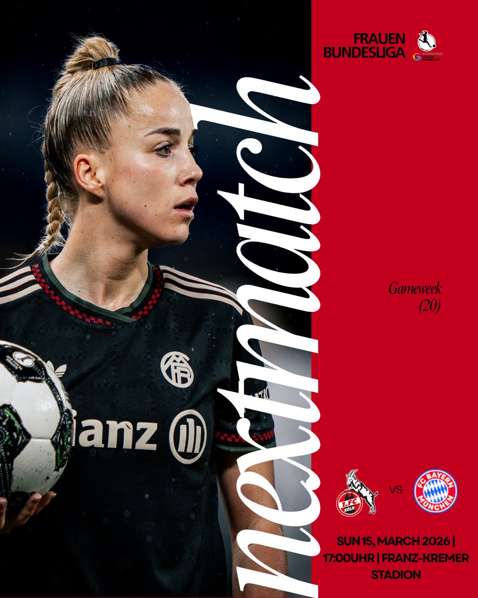 Lehrerinmcd's tweet photo. 𝙉𝙀𝙓𝙏 𝙈𝘼𝙏𝘾𝙃
🆚 1. FC Köln.
🏆 Google Pixel Frauen Bundesliga - MD 20
📅 15/03 | 🕔17:00UHR
🏟️ Franz-Kremer Stadion
📺 DAZN, Magenta Sport, Sport1.
#DieLiga #KOEFCB https://t.co/Sq5nVBiR8R