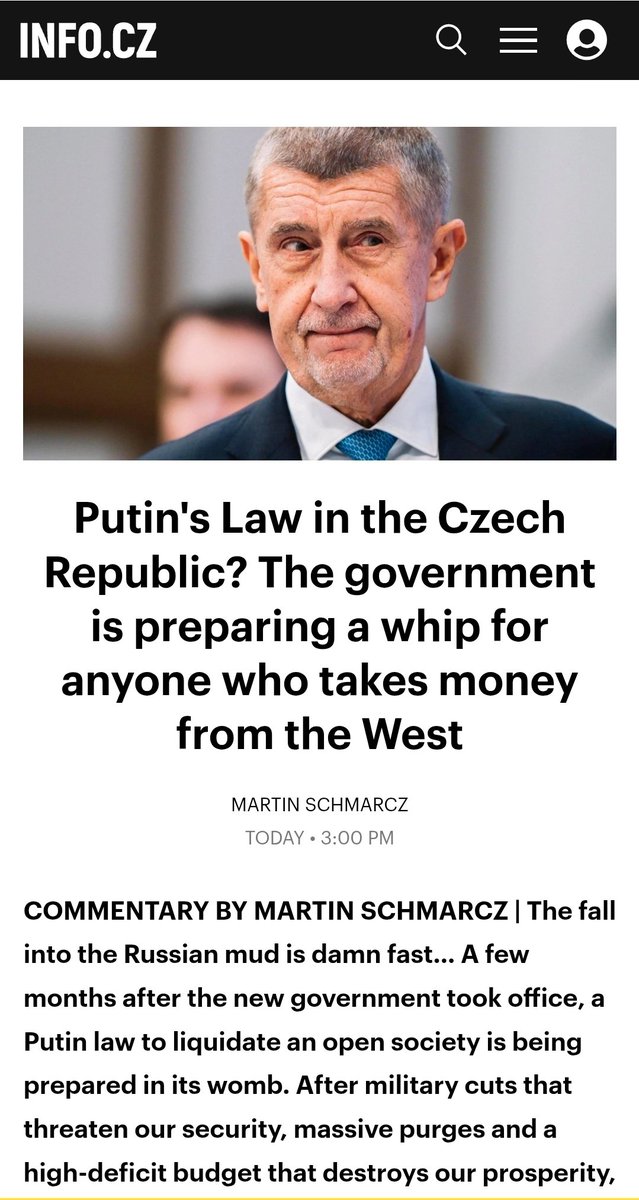 JayinKyiv's tweet photo. Czech Republic's brief 45 year dance with democracy is rapidly coming to a close, with the new Russia friendly Babis government introducing the famed "foreign agent" law that was so instrumental in allowing Putin to shut down the last bits of freedom in Russia.

Czechs should've known better, but now it's too late.
