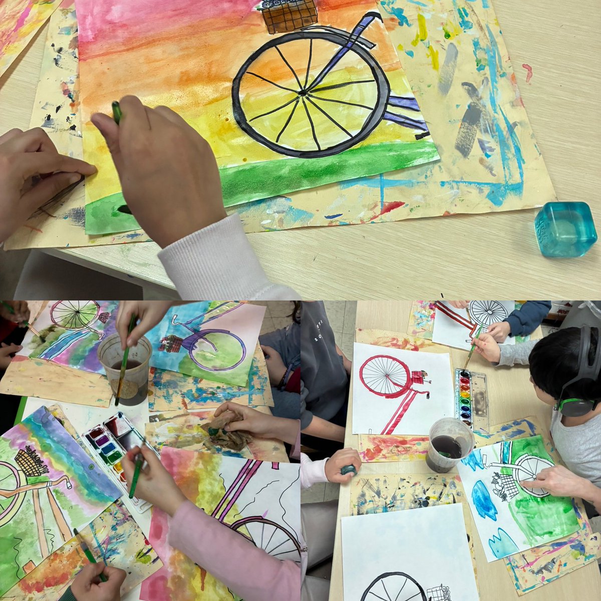 AJanksArtRoom's tweet photo. Spring is in the air, 5th Ss are enjoying exploring water color techniques to add color to their spring bike Impressionism landscapes... #adaptiveart https://t.co/UG1FtenmAb