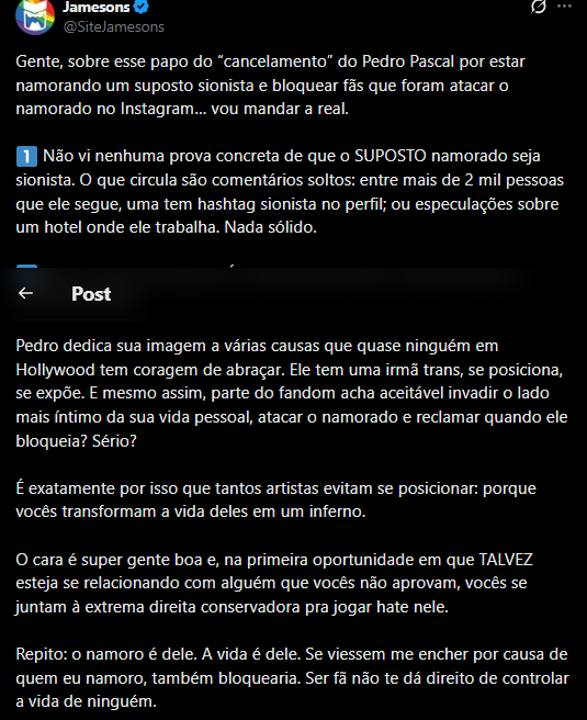 A mega passada de pano do querido <a href="/SiteJamesons/">Jamesons</a> com Pedro Pascal kkkkkk se fosse um ator da DC, ele estaria metendo o pau. mas não choca por ser um seletivo né.