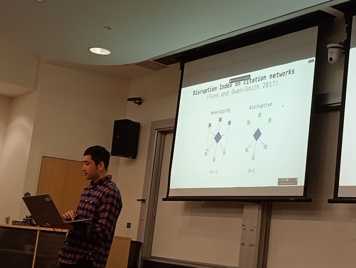 amahury0's tweet photo. Finishing the first parallel session at #NERCCS2026, @skojaku gave us a great talk on how an extension of disruption index can be useful for uncovering simultaneous breakthroughs robustly. Great great talk! https://t.co/mvg0xIoX1i