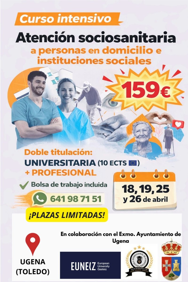 EscuelaIntForm's tweet image. 🎓 Curso presencial intensivo:
👩🏽‍⚕️🧑🏻‍⚕️Atención Sociosanitaria
‼️ 159€
📅18, 19, 25 y 26 de abril
¡Plazas limitadas!
📲 641 98 71 51

#curso #ects #sanidad #dependencia #formación #trabajo #sociosanitaria