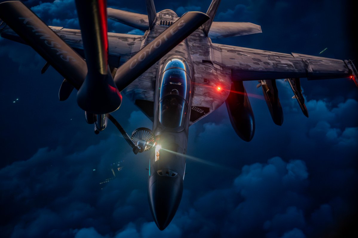 CENTCOM's tweet image. A U.S. Air Force KC-135 Stratotanker refuels a U.S. Navy F/A-18F Super Hornet over the middle east during Operation Epic Fury.